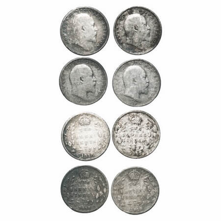 Edward VII, Silver, 2 Annas, (4 coins), 1) 1903, 2,3 & 4) 1910, Calcutta Mint, No mint mar