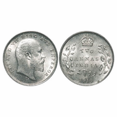 Edward VII, Silver, 2 Annas, 1910, Calcutta Mint, No mint mark, Ghost on Rev. F. Prid 563.