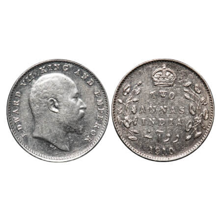 Edward VII, Silver, 2 Annas, 1910, Bombay Mint, Dot. F. Prid Unlisted. GK 988. About Uncir