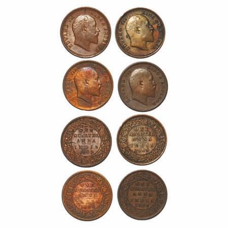 Edward VII, Mixmetal, Quarter Anna, (4 coins), 1 & 2) Copper, 1903, Calcutta Mint, No mint