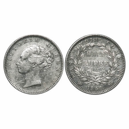 Victoria Queen, Silver, Half Rupee, 1840, CL, Bombay Mint, A/I, English Head, Wreath with 