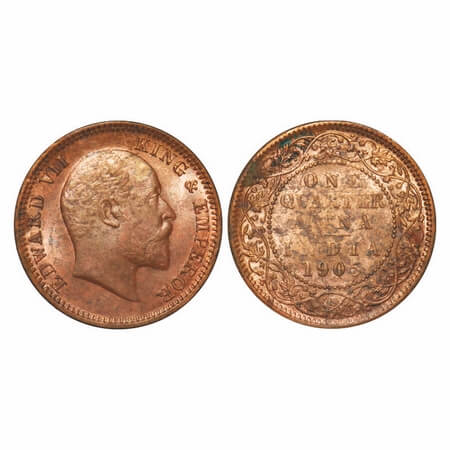 Edward VII, Copper, Quarter Anna, 1905, Calcutta Mint, No mint mark, Ghost on Rev. F. Prid