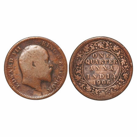 Edward VII, Copper, Quarter Anna, 1906, 6.37 gm, Calcutta Mint, No mint mark, Ghost on Rev