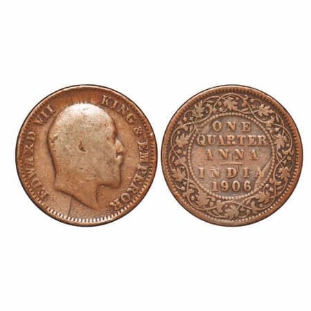Edward VII, Copper, Quarter Anna, 1906, 6.25 gm, Calcutta Mint, No mint mark, Ghost on Rev