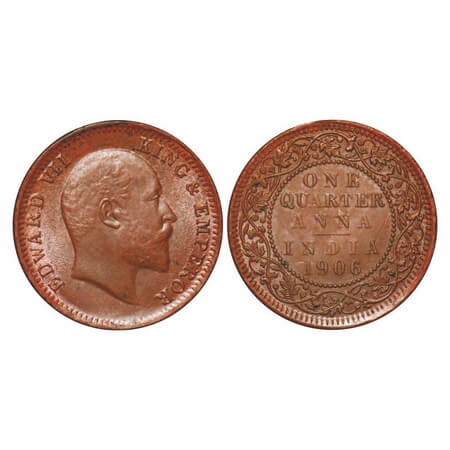 Edward VII, Copper, Quarter Anna, 1906, 6.53 gm., Calcutta Mint, No mint mark, Ghost on Re