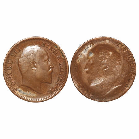 Edward VII, Bronze, Quarter Anna, 4.90g, Error, Obverse Lakhi/Brockage. Extremely Fine+. V