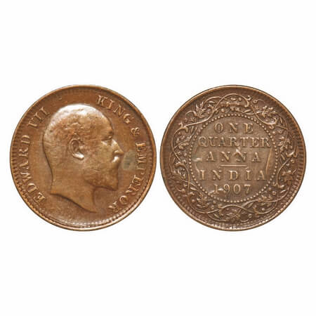 Edward VII, Bronze, Quarter Anna, 1907, Calcutta Mint, No mint mark, Complete Skull Ghost 