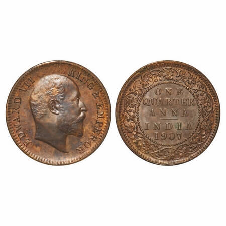 Edward VII, Bronze, Quarter Anna, 1907, Calcutta Mint, No mint mark. F. Prid 652. GK 999. 