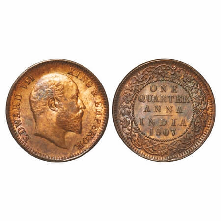 Edward VII, Bronze, Quarter Anna, 1907, Calcutta Mint, No mint mark, Ghost on Rev. F. Prid