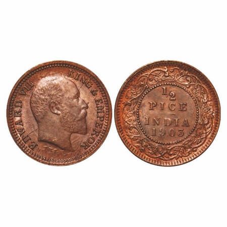 Edward VII, Copper, 1/2 Pice, 1903, Calcutta Mint, No mint mark, Multiple die cracks on Ob