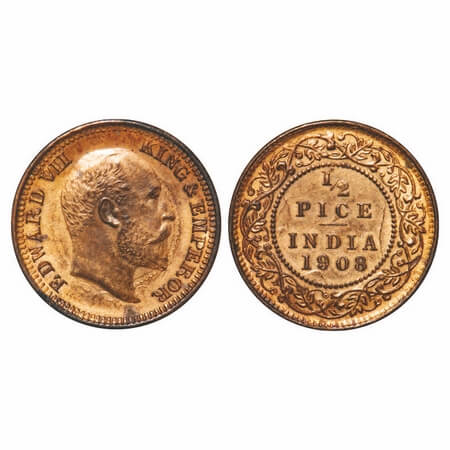 Edward VII, Bronze, 1/2 Pice, 1908, Calcutta Mint, No mint mark, Complete skull ghost on R