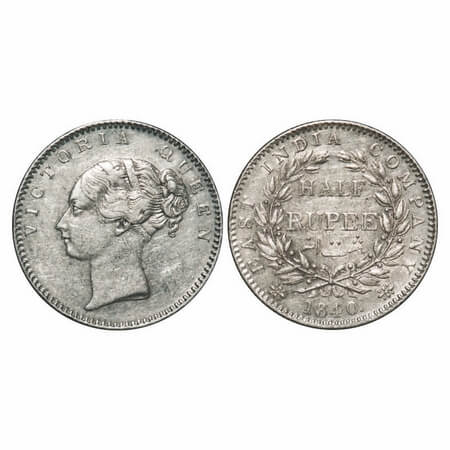 Victoria Queen, Silver, Half Rupee, 1840, CL, Bombay Mint, A/I, English Head, Wreath with 