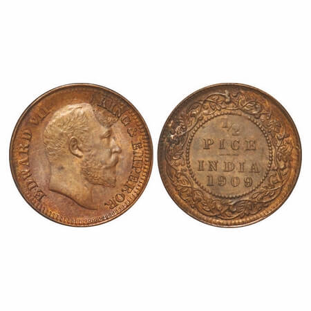 Edward VII, Bronze, 1/2 Pice, 1909, Calcutta Mint, No mint mark. F. Prid 743. GK 1010. Unc