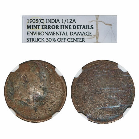 Edward VII, Copper, 1/12 Anna, 1905, Calcutta Mint, No mint mark, Error 30% off centre. F.
