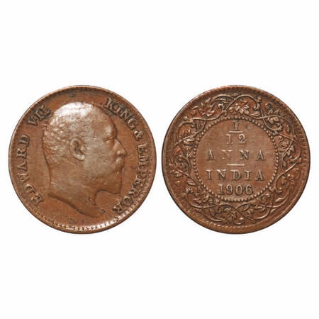 Edward VII, Bronze, 1/12 Anna, 1906, 1.64 gm., Calcutta Mint, No mint mark, Die crack on O