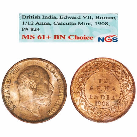 Edward VII, Bronze, 1/12 Anna, 1908, Calcutta Mint, No mint mark. F. Prid 824. GK 1018. NG