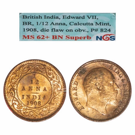 Edward VII, Bronze, 1/12 Anna, 1908, Calcutta Mint, No mint mark, Die flaw on Obv mentione