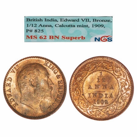 Edward VII, Bronze, 1/12 Anna, 1909, Calcutta Mint, No mint mark. F. Prid 825. GK 1019. NG