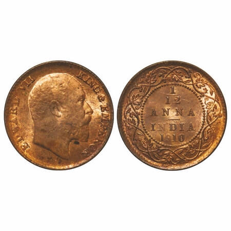 Edward VII, Bronze, 1/12 Anna, 1910, Calcutta Mint, No mint mark, Planchate flaw on Rev, D