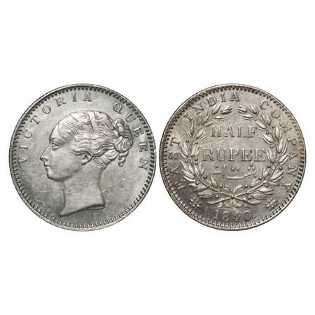 Victoria Queen, Silver, Half Rupee, 1840, CL, Bombay Mint, A/I, English Head, Wreath with 