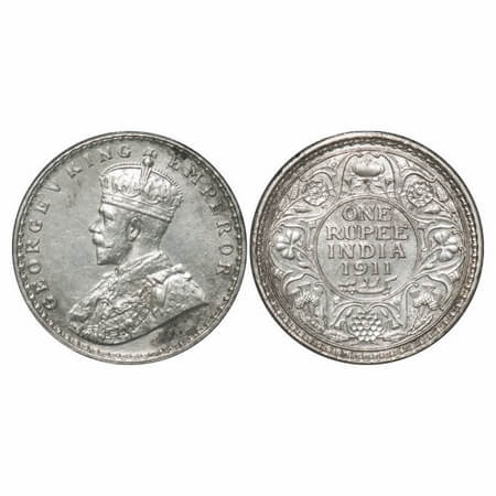 George V, Silver, Rupee, 1911, Calcutta Mint, No dot, Pig-Type. F. Prid 207. GK 1021. Extr