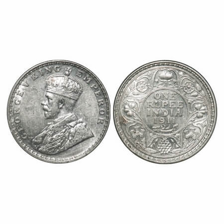 George V, Silver, Rupee, 1911, Bombay Mint, Dot, Pig-Type, Die crack on Rev, Raised initia