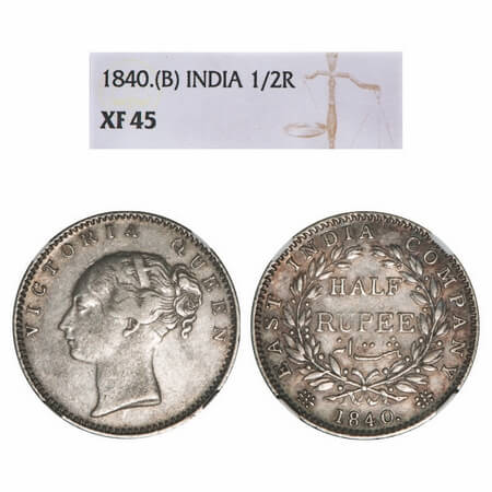 Victoria Queen, Silver, Half Rupee, 1840, CL, Bombay Mint, A/I, English Head, Wreath with