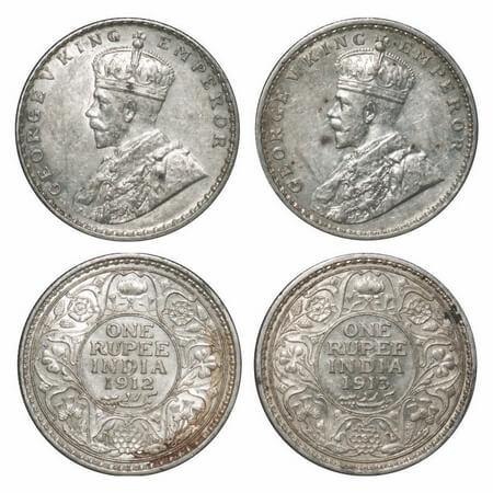 George V, Silver, Rupee, (2 coins), 1) 1912, Calcutta Mint, No dot, Re drawn Elephant with