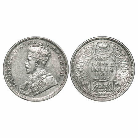 George V, Silver, Rupee, 1914, Calcutta Mint, No dot, Elephant. F. Prid 210. GK 1029. Unci