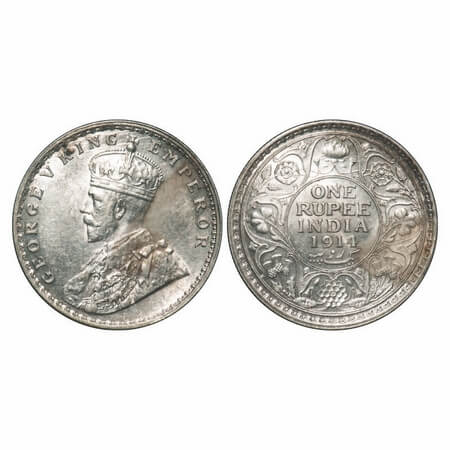 George V, Silver, Rupee, 1914, Calcutta Mint, No dot, Elephant. F. Prid 210. GK 1029. abou