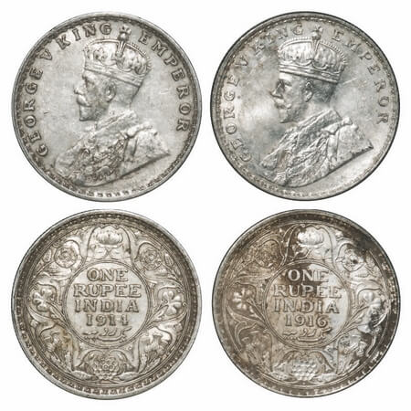 George V, Silver, Rupee, (2 coins), 1) 1914, Calcutta Mint, No dot, Elephant, 2) 1916, Bom