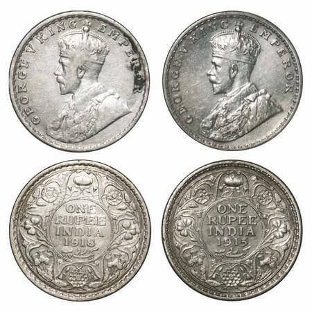 George V, Silver, Rupee, (2 coins), 1) 1915, Calcutta Mint, No dot, Elephant, 2) 1918, Bom
