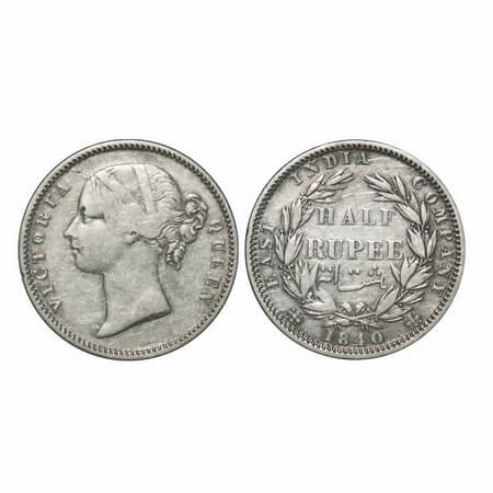 Victoria Queen, Silver, Half Rupee, 1840, DL, Calcutta Mint, .W.W incused, Wreath with 24 