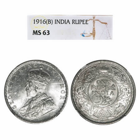 George V, Silver, Rupee, 1916, Bombay Mint, Dot, Elephant. F. Prid 222. GK 1034. NGC Slabb