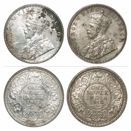 George V, Silver, Rupee, (2 coins), 1) 1917, Bombay Mint, Dot, Elephant, 2) 1918, Bombay M