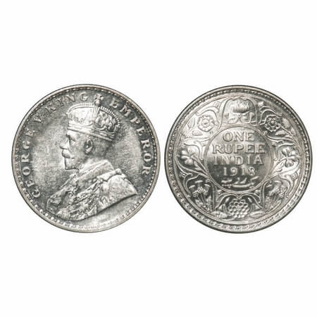 George V, Silver, Rupee, 1918, Calcutta Mint, No dot, Elephant. F. Prid 214. GK 1037. Mint