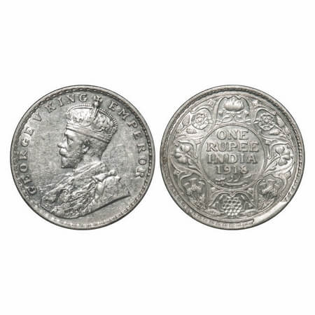 George V, Silver, Rupee, 1918, Bombay Mint, Dot, Elephant, Error, a prominent cud on Rev b