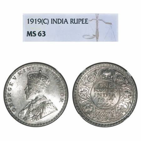 George V, Silver, Rupee, 1919, Calcutta Mint, No dot, Elephant. F. Prid 215. GK 1039. NGC 