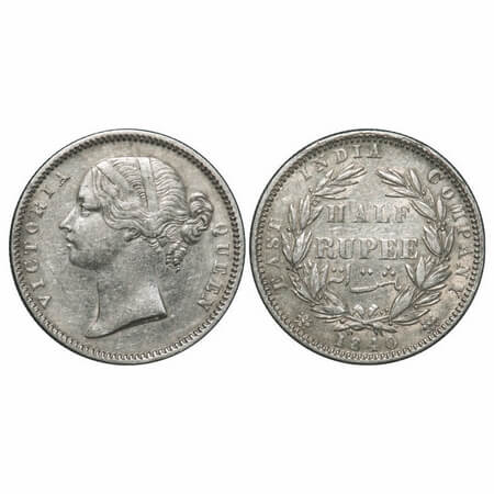 Victoria Queen, Silver, Half Rupee, 1840, DL, Calcutta Mint, .W.W incused, Wreath with 24 