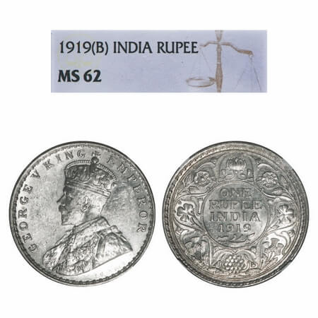 George V, Silver, Rupee, 1919, Bombay Mint, Dot, Elephant. F. Prid 225. GK 1040. NGC Slabb