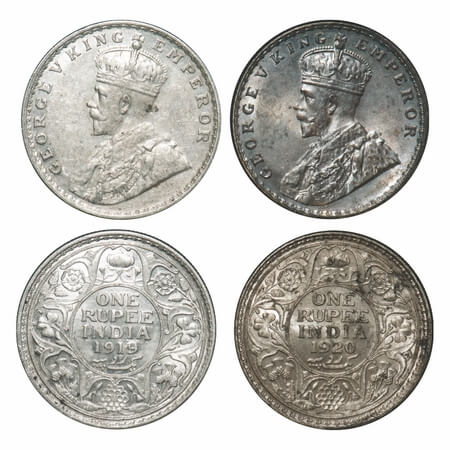 George V, Silver, Rupee, (2 coins), 1) 1919, Bombay Mint, Dot, Elephant, 2) 1920, Calcutta