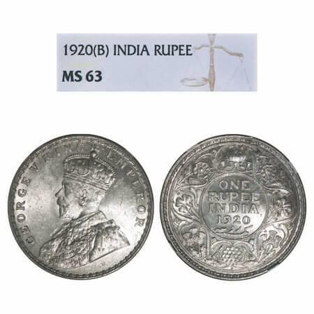 George V, Silver, Rupee, 1920, Bombay Mint, Dot, Elephant. F. Prid 226. GK 1042. NGC Slabb