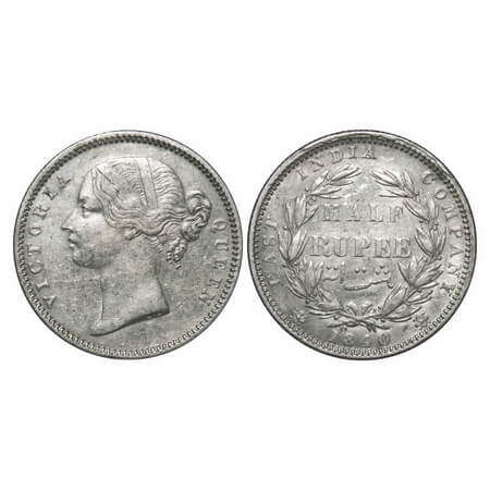 Victoria Queen, Silver, Half Rupee, 1840, DL, Calcutta Mint, .W.W incused, Wreath with 24 