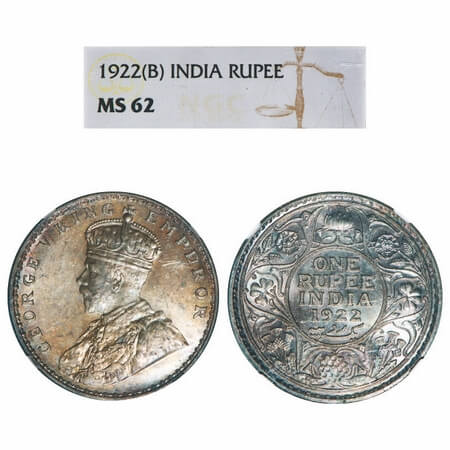 George V, Silver, Rupee, 1922, Bombay Mint, Dot, Elephant. F. Prid 228. GK 1044. NGC Slabb