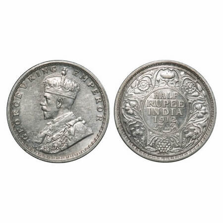 George V, Silver, Half Rupee, 1912, Bombay Mint, Dot, Re drawn Elephant. F. Prid 336. GK 1