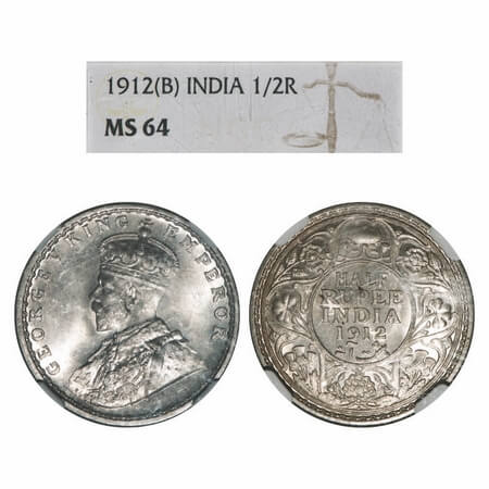 George V, Silver, Half Rupee, 1912, Bombay Mint, Dot, Re drawn Elephant. F. Prid 336. GK 1