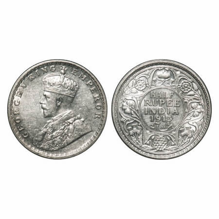George V, Silver, Half Rupee, 1913, Calcutta Mint, No dot. F. Prid 320. GK 1048. Almost Un