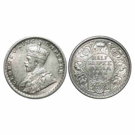 George V, Silver, Half Rupee, 1916, Calcutta Mint, No dot. F. Prid 323. GK 1053. Extremely