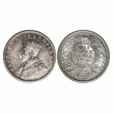 George V, Silver, Half Rupee, 1916, Calcutta Mint, No dot. F. Prid 323. GK 1053. Almost Un