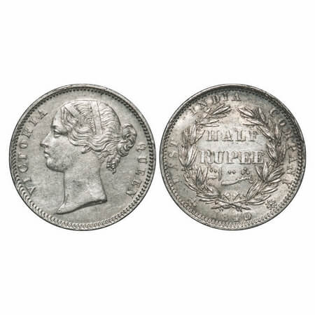 Victoria Queen, Silver, Half Rupee, 1840, DL, Calcutta Mint, .W.W incused, Wreath with 24 